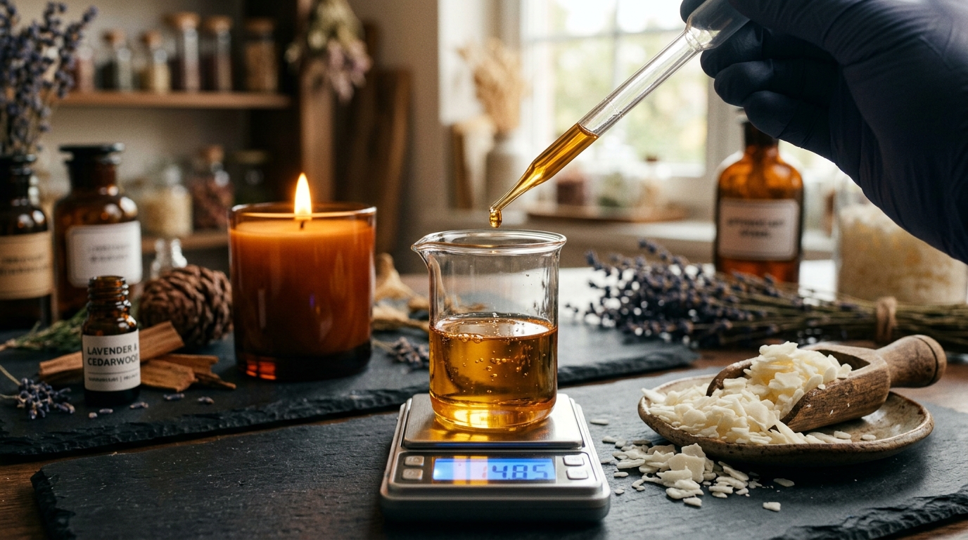 Precision digital scale weighing golden fragrance oil with pipette next to soy wax flakes and lit candle