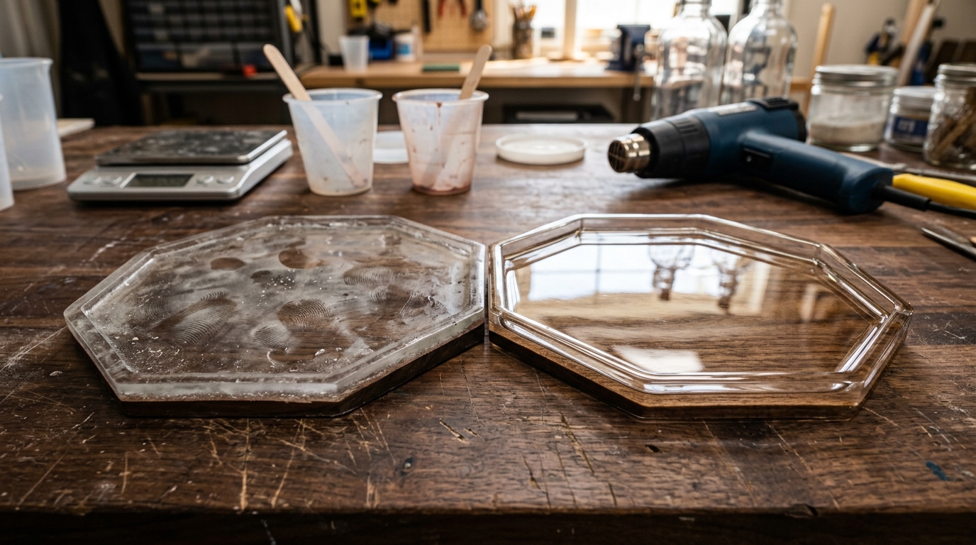 Studio comparison showing sticky uncured resin diagnostics vs chemically restored glossy epoxy casting