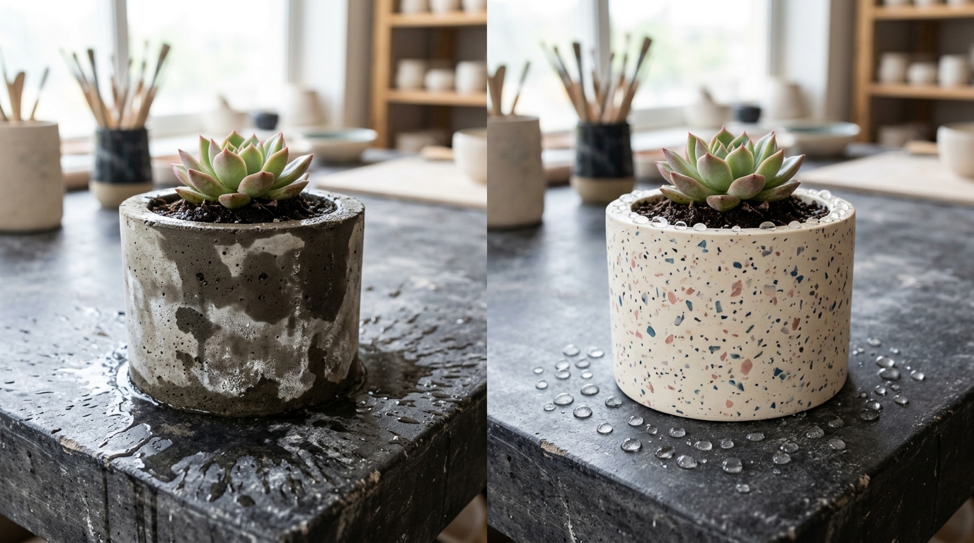 Studio comparison showing unsealed leaky stained concrete planter vs waterproof beaded Jesmonite planter