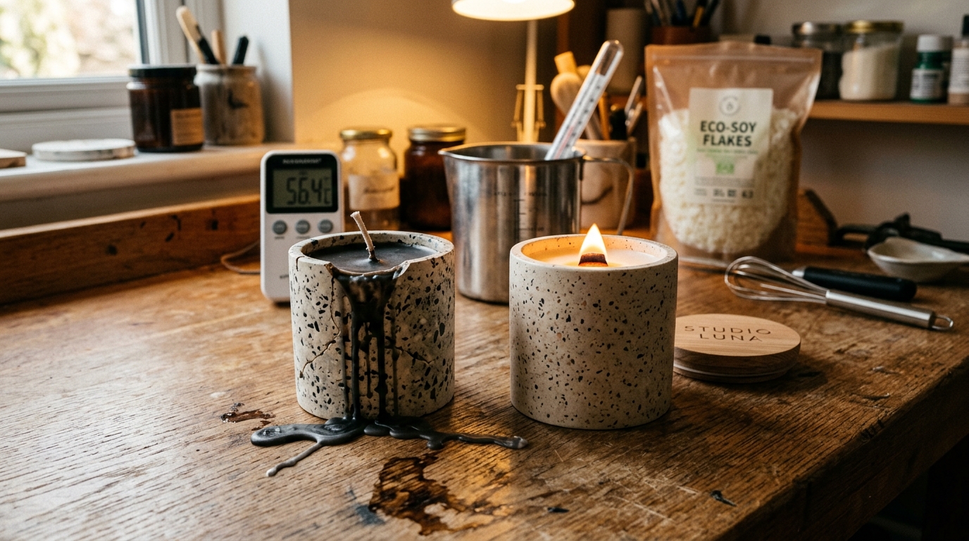 Porous Jesmonite terrazzo candle jar next to a properly sealed glowing candle vessel