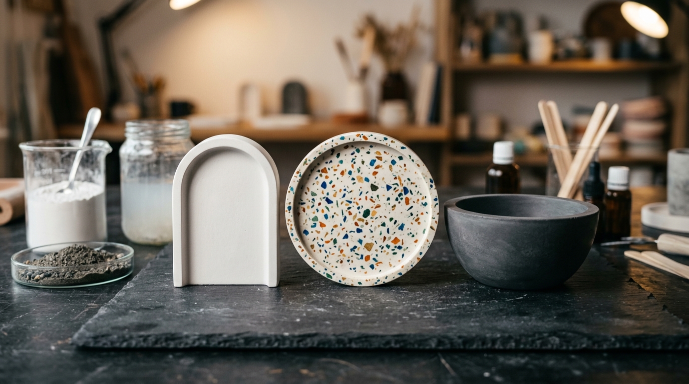 Studio comparison showing white Plaster of Paris tray, terrazzo Jesmonite tray, and charcoal concrete bowl side by side