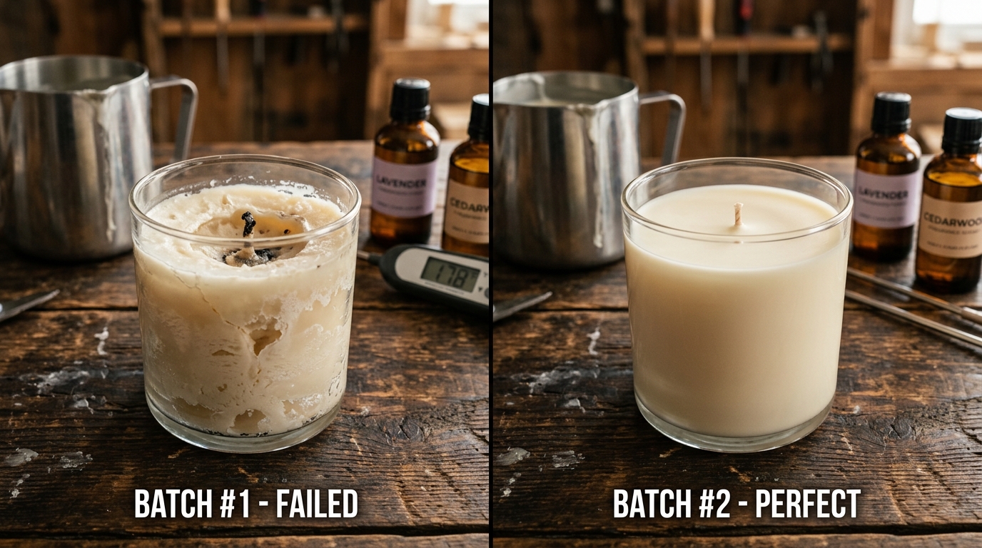 Studio comparison showing sunken crater candle top on the left vs velvet smooth flat soy candle on the right